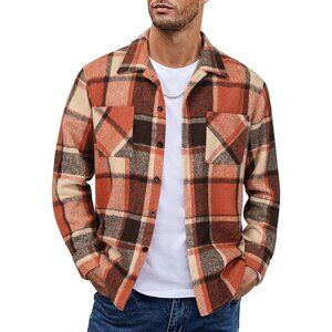 Men's Orange Flannel Shirts Casual Button Down Plaid Shirt with Pockets